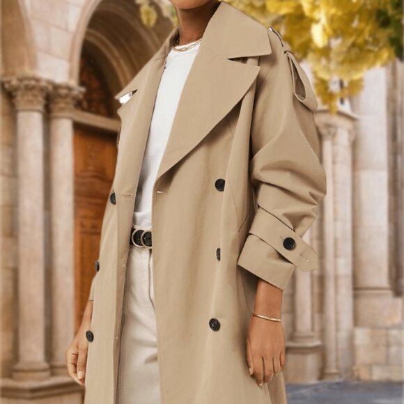Khaki Casual Women's Oversized Belted Trench Coat - Picture 1 of 5